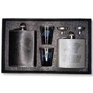 Carolina Panthers 2 Faux Leather Flasks 2 Ombre Shot Glasses & Funnels NFL Set